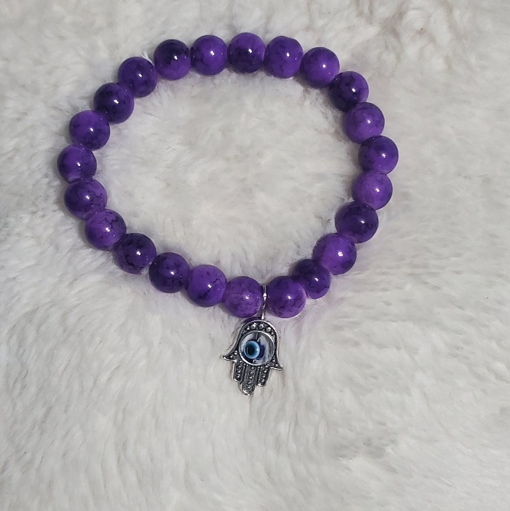 Purple Beaded Bracelet with Hamsa Charm